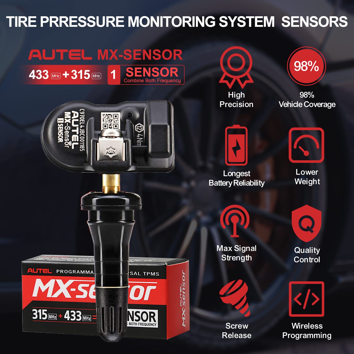 Autel TPMS Sensor MX-Sensor TPS218-315MHz+433MHz 2 in 1 Dual Frequency Replaced OEM Tire Pressure Sensor Universal Programmable Screw-in Sensor Sets of 4 (Rubber Valves) - Image 2