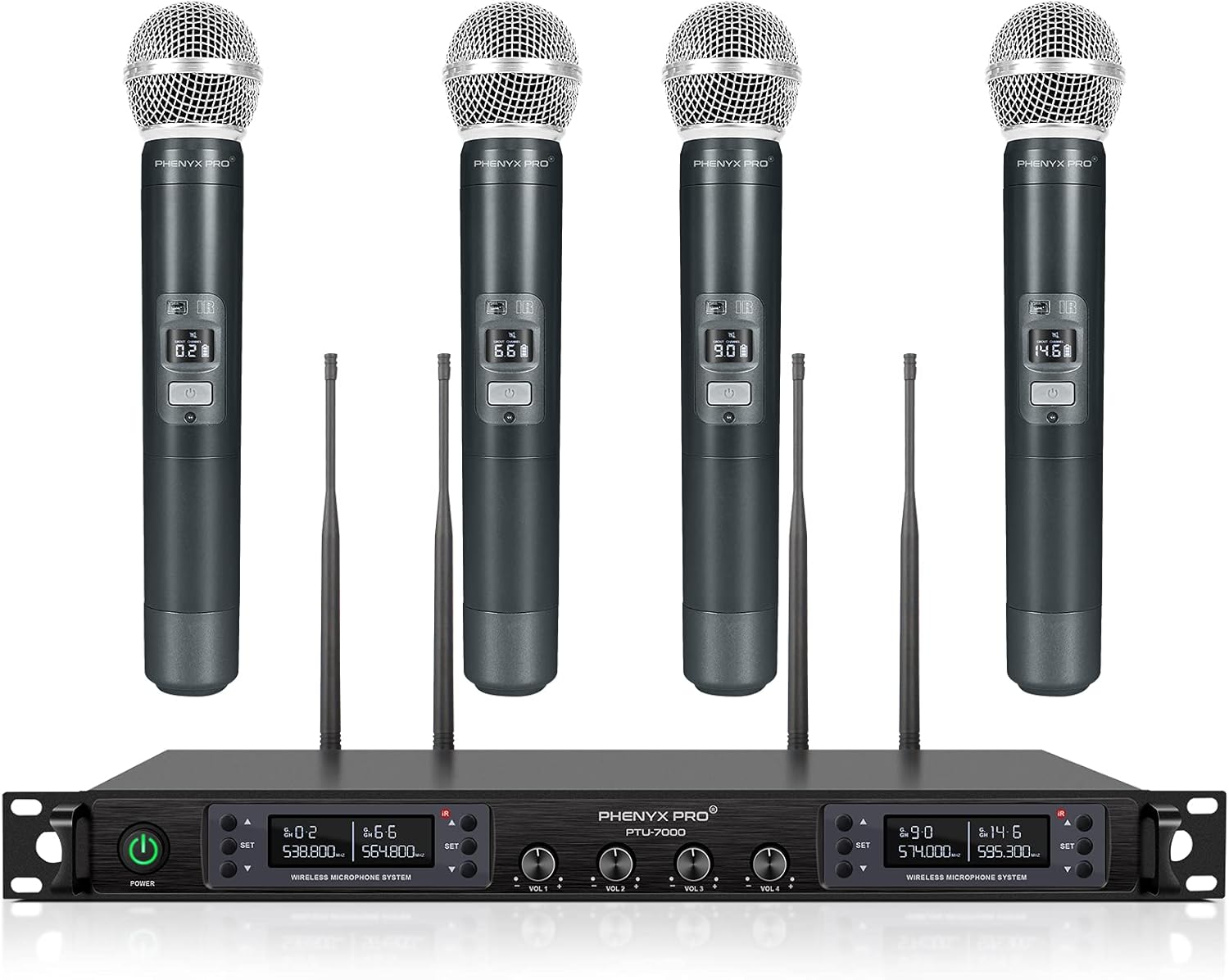 Wireless Microphone System, Phenyx Pro Quad Channel Cordless Mic Set with Metal Handheld Mics, 4×40 Channels, Auto Scan, Long Distance 328ft, Ideal for DJ, Church, Outdoor Events (PTU-7000A)