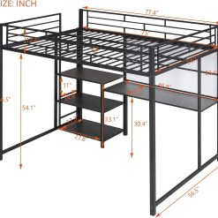 Alternative view of Full Size Metal Loft Bed with Desk, Whiteboard and 3-layer Shelves, Heavy Duty Loftbed w/Storage and Built-in Ladder, for Kids Teens Bedroom Dorm, Black
