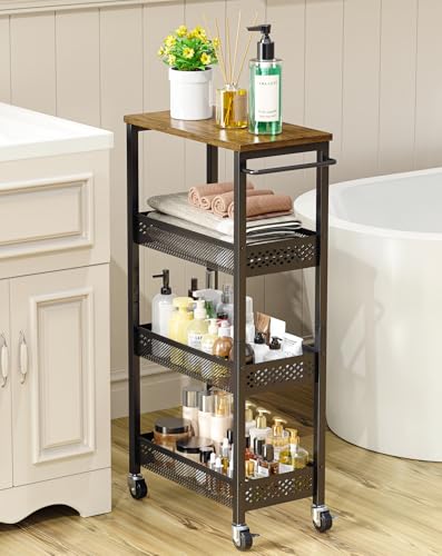 Utility Slim Storage Cart, 4 Tier Small Rolling Kitchen Laundry Room Cart with Wood Top, Metal Narrow Bathroom Storage Cabinet Mobile Shelf Unit Organizer Trolley with Handle for Narrow Space - Image 2