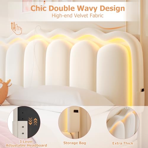 Twin Upholstered LED Bed Frame with Storage Drawer and Adjustable Chic Double Wavy Headboard, Velvet Princess Platform Bed for Kids/Girls, Solid Wood Slats Support, No Box Spring Needed, Beige - Image 83