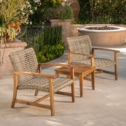 Alternative view of Christopher Knight Home Hampton Outdoor Mid-Century Wicker Club Chairs with Acacia Wood Frame, 2-Pcs Set, Natural Stained / Grey