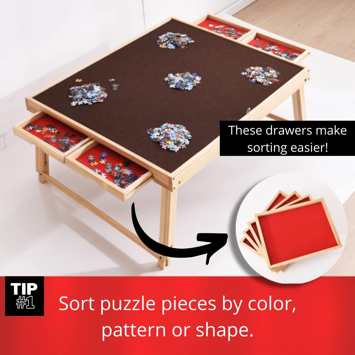 Large Wooden Puzzle Table Fits 1500 Pieces, Portable Jigsaw Puzzle Board with Four Non Slip Drawers, Adjustable and Foldable Legs, Protective Rubber Mat Cover – by AGREATLIFE - Image 3