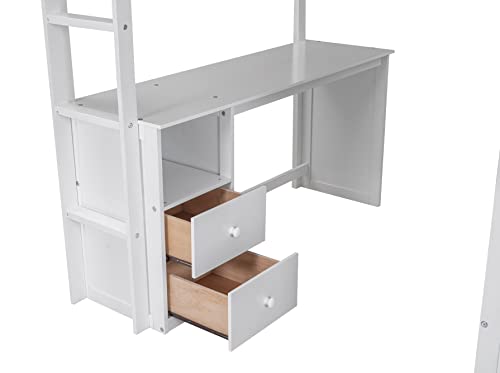 Full Size Loft Bed, Multi-Functional Solid Wood Loft Bed with Wardrobes and 2-Drawer Desk and Storage Cabinet, Modern Full Bed Frame with Built-in Ladder and Safety Guardrails,White - Image 6