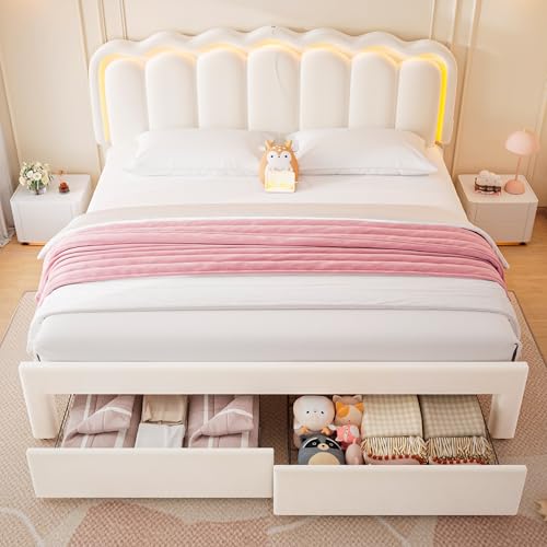 Twin Upholstered LED Bed Frame with Storage Drawer and Adjustable Chic Double Wavy Headboard, Velvet Princess Platform Bed for Kids/Girls, Solid Wood Slats Support, No Box Spring Needed, Beige - Image 80