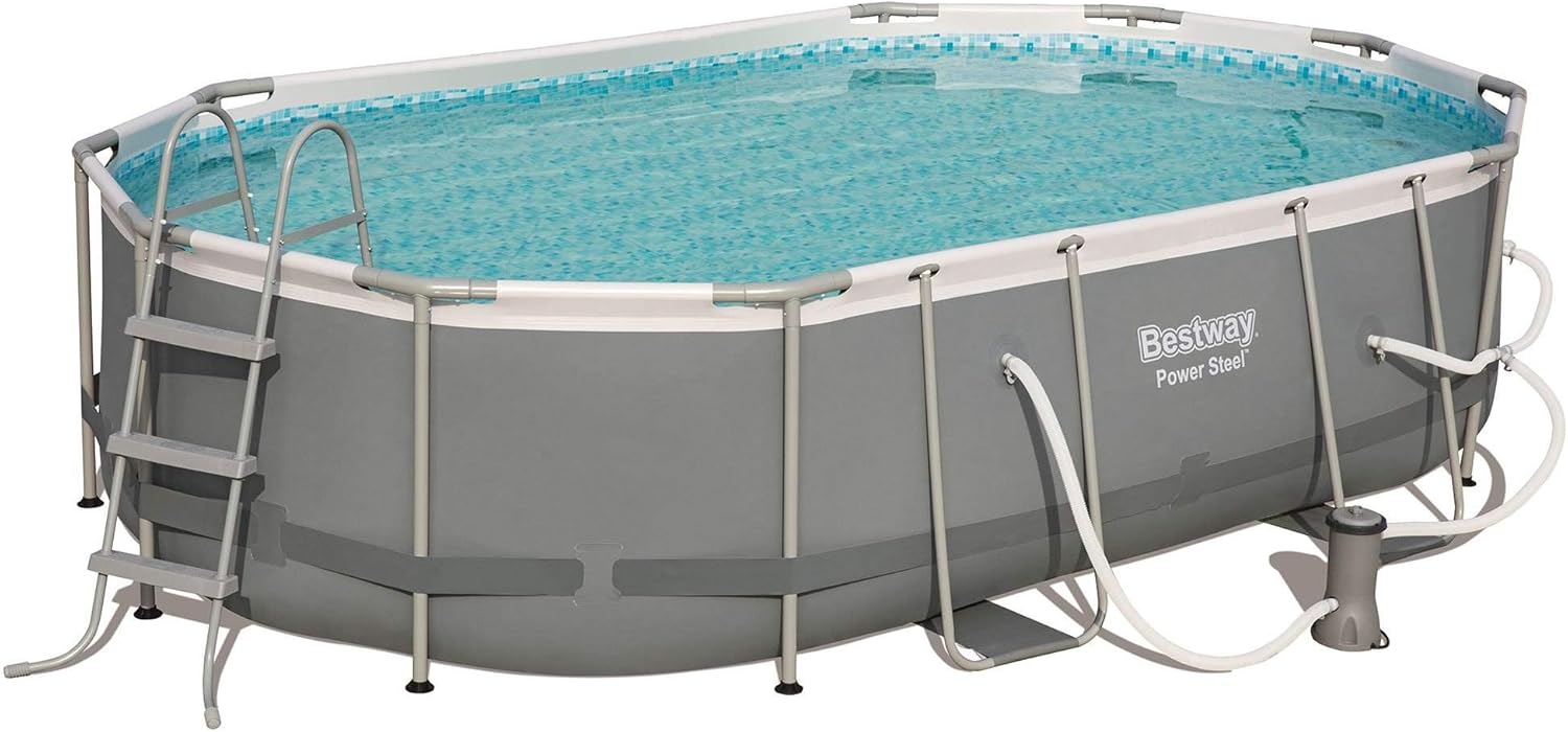 Bestway 56655E Power Steel 16ft x 10ft x 42in Outdoor Oval Frame Above Ground Swimming Pool Set with 1000 GPH Cartridge Filter Pump, Ladder, and Cover