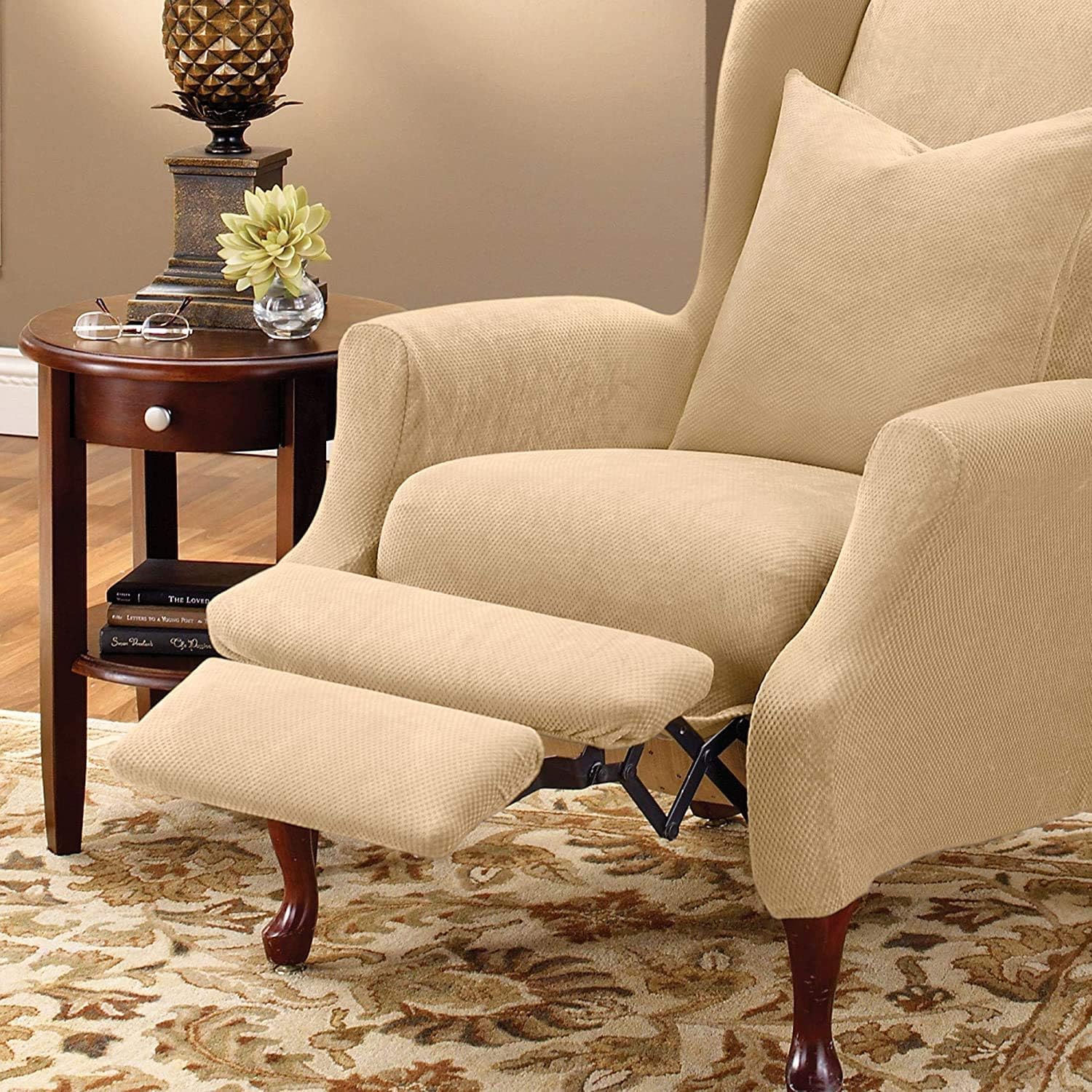 SureFit Home D??cor SF38684 Stretch Pique Box Cushion Recliner Wingback Chair Slipcover, Form Fit, Polyester/Spandex, Machine Washable, Two Piece, Cream Color - Image 3