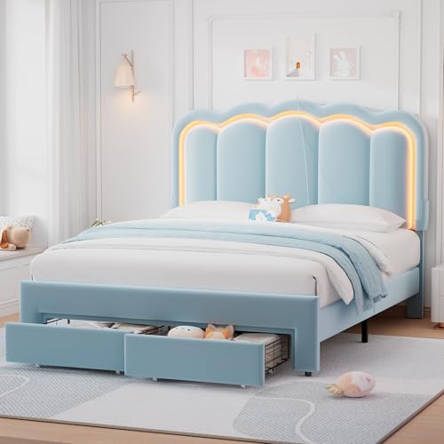 Twin Upholstered LED Bed Frame with Storage Drawer and Adjustable Chic Double Wavy Headboard, Velvet Princess Platform Bed for Kids/Girls, Solid Wood Slats Support, No Box Spring Needed, Beige - Image 39