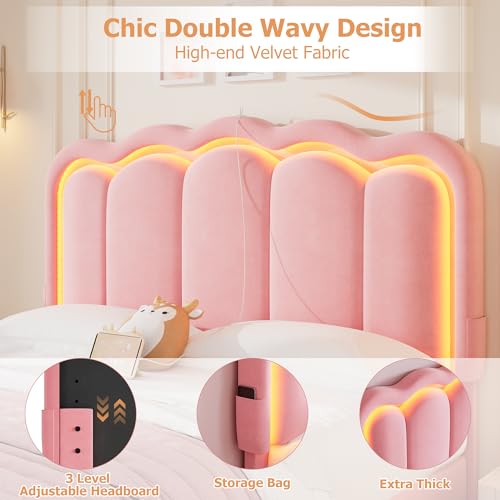 Twin Upholstered LED Bed Frame with Storage Drawer and Adjustable Chic Double Wavy Headboard, Velvet Princess Platform Bed for Kids/Girls, Solid Wood Slats Support, No Box Spring Needed, Beige - Image 29