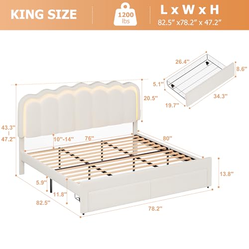 Twin Upholstered LED Bed Frame with Storage Drawer and Adjustable Chic Double Wavy Headboard, Velvet Princess Platform Bed for Kids/Girls, Solid Wood Slats Support, No Box Spring Needed, Beige - Image 79