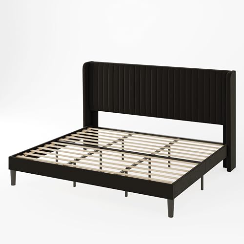Allewie Queen Size Velvet Bed Frame/Vertical Channel Tufted Wingback Headboard/Upholstered Platform Bed/Strong Wooden Slats/No Box Spring Needed/Easy Assembly/Black - Image 85
