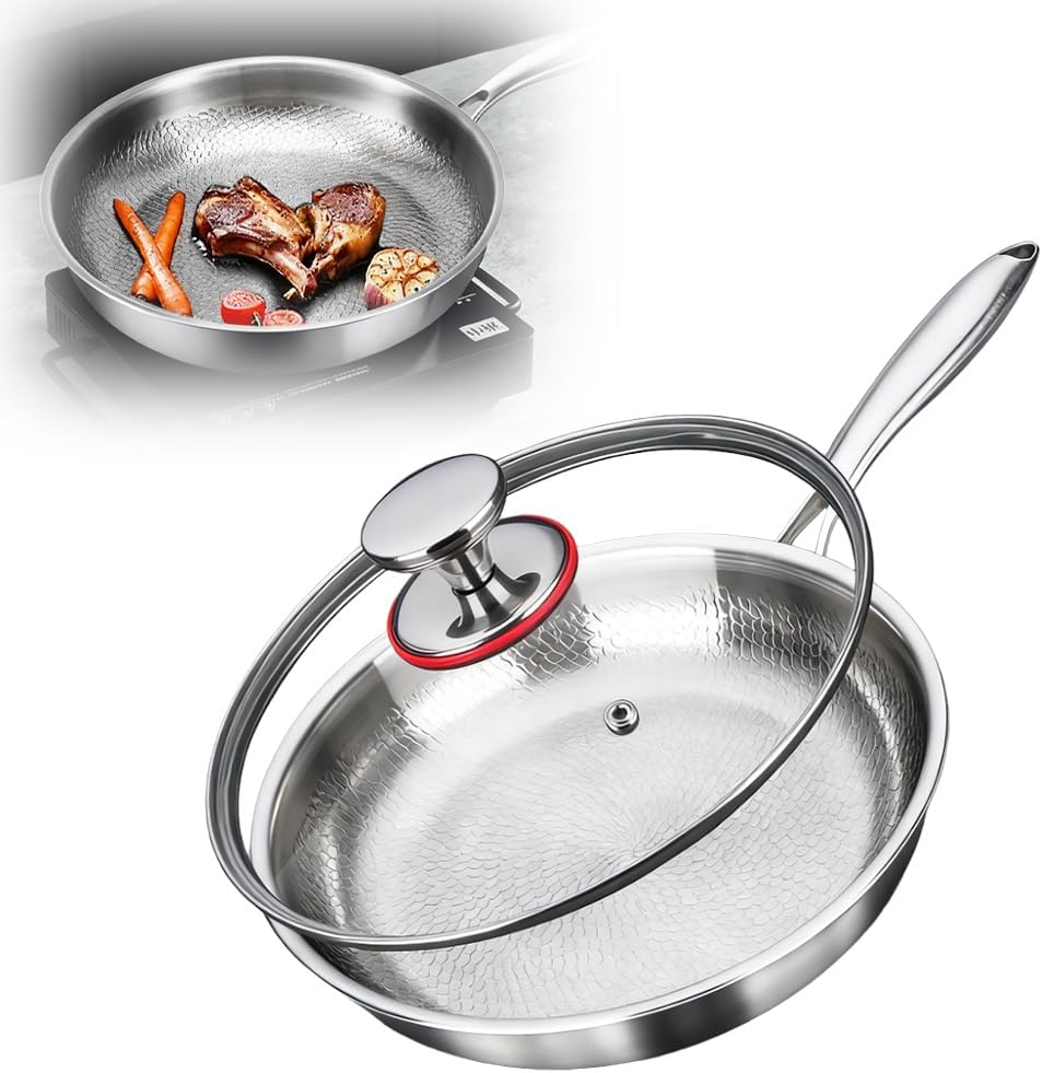 Titanium Hammered Pan Pro with Lid, 2025 New Multifunctional Ultra-Durable Scratch-Resistant Non Stick, 12 Pure Titaniums Pro Pans for Cook, Titanium Frying Pan for All Stovetops (11.81in, With Lid)