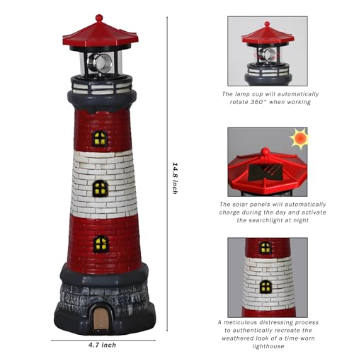 Garden Outdoor Statues, Waterproof Lighthouse Lights Lawn Decor; Automatic Rotating Solar Lights for Yard, Patio, Ground, Tabletop Decoration; Unique Housewarming Gifts – Red - Image 8