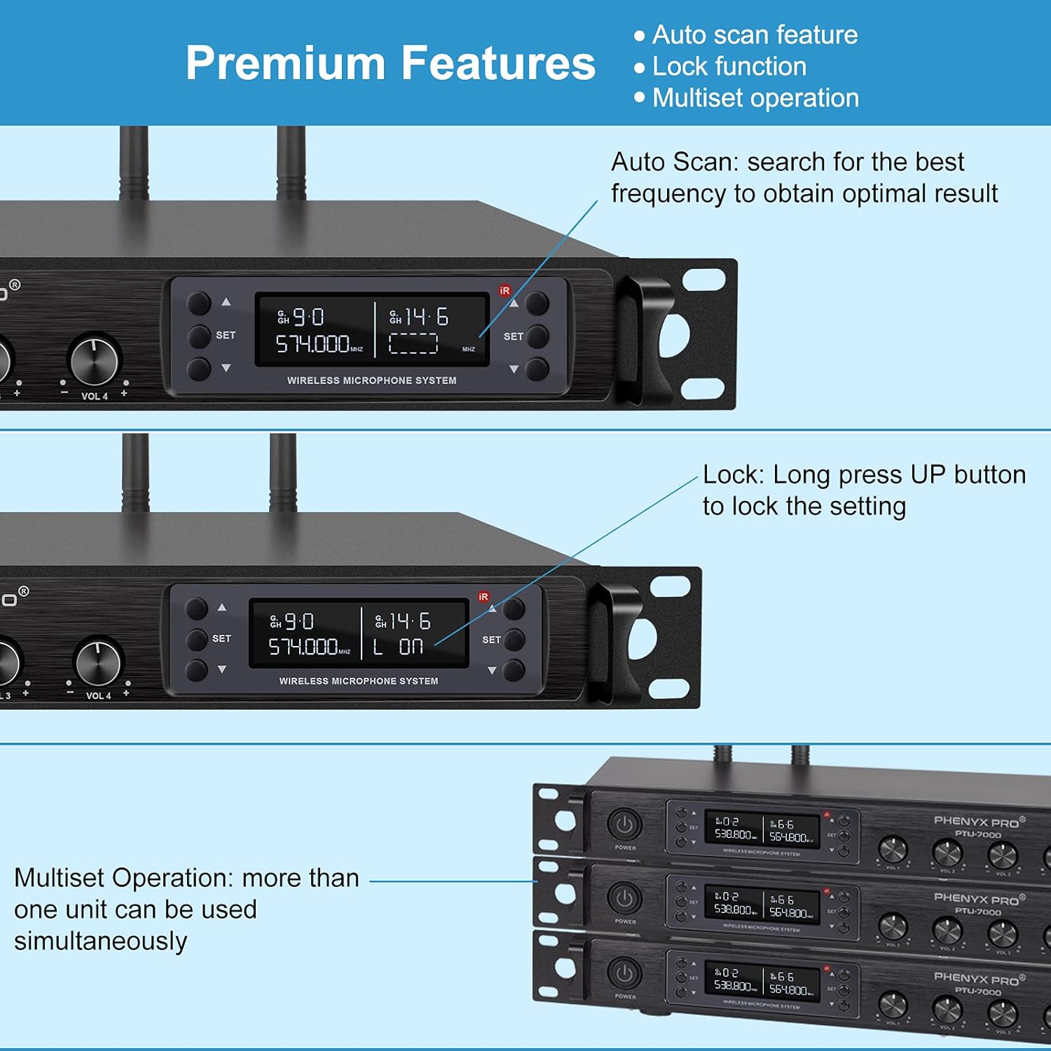 Wireless Microphone System, Phenyx Pro Quad Channel Cordless Mic Set with Metal Handheld Mics, 4×40 Channels, Auto Scan, Long Distance 328ft, Ideal for DJ, Church, Outdoor Events (PTU-7000A) - Image 3