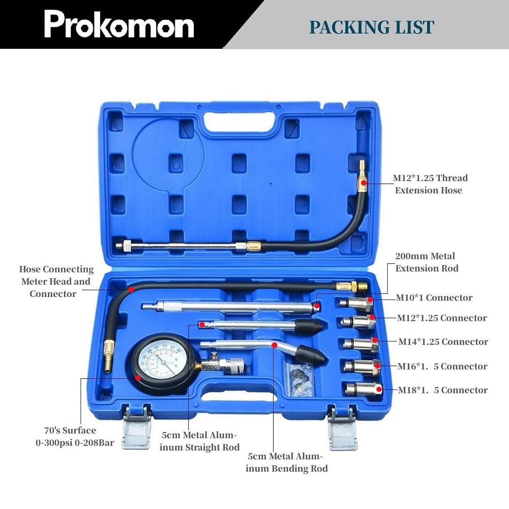 Prokomon Petrol Gasoline Engine Cylinder Compression Tester Kit with M10 M12 M14 M16 M18 - Image 2