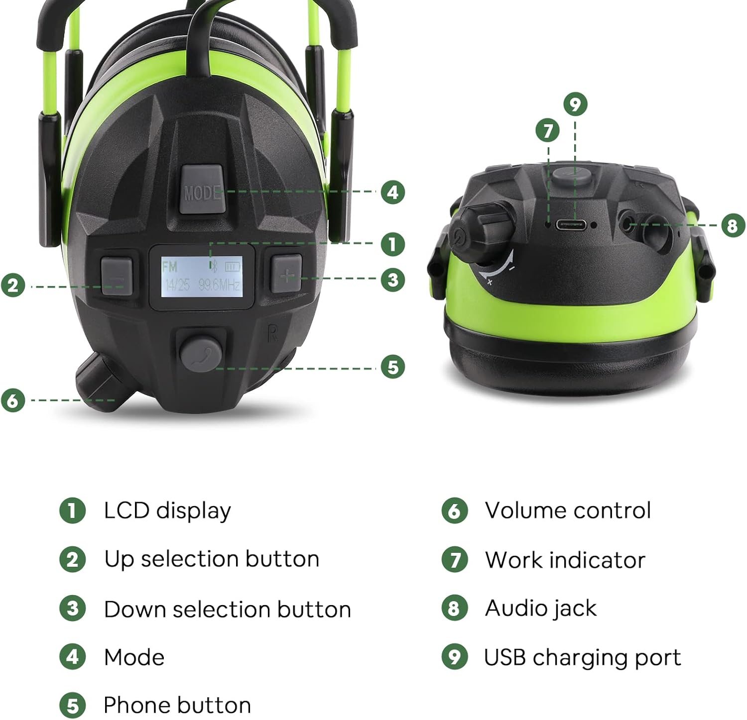 Bluetooth Hearing Protection, FM MP3 Noise Reduction Radio Headphones with 29dB NRR, Safety Ear Muffs with Bluetooth Radio, Wireless Cancelling Bluetooth Rechargebale FM Radio Headphones, Green - Image 6
