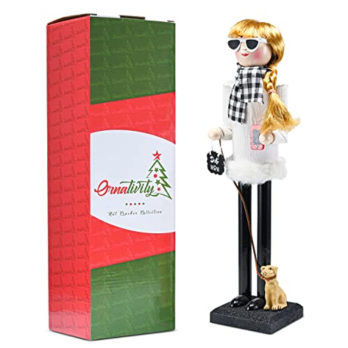 Ornativity Christmas Dog Mom Nutcracker ?C White and Black Wooden Nutcracker Woman with Dog on Leash and a Smartphone in Hand Xmas Themed Holiday Nut Cracker Doll Figure Decorations 15 - Image 6