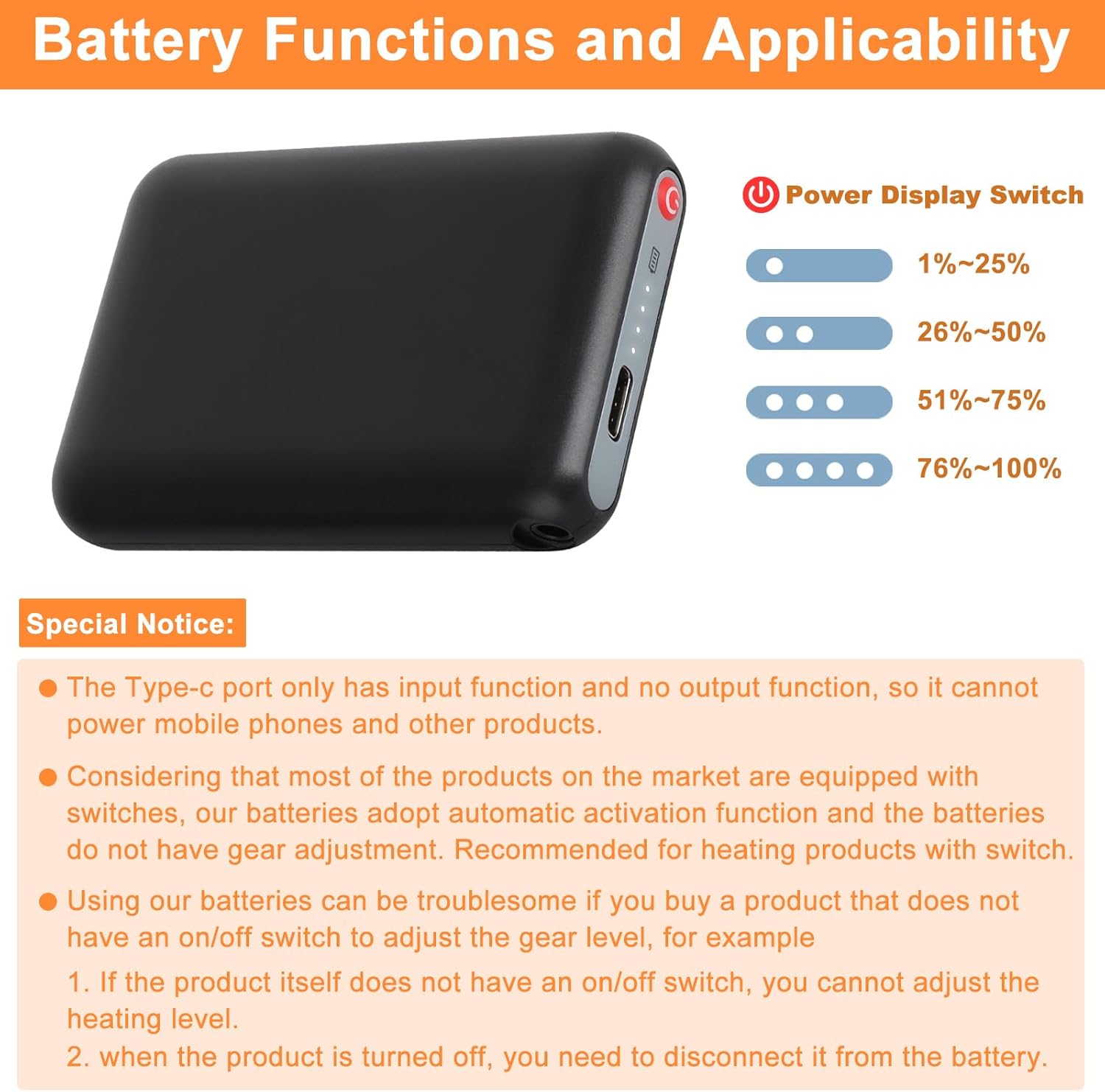 Amiable Upgraded 5V 5000mAh Li-Polymer Rechargeable Batteries, Suitable for Heated Gloves Heated Scarf Heated Socks, Heated Slippers Spare Battery (Black) - Image 4
