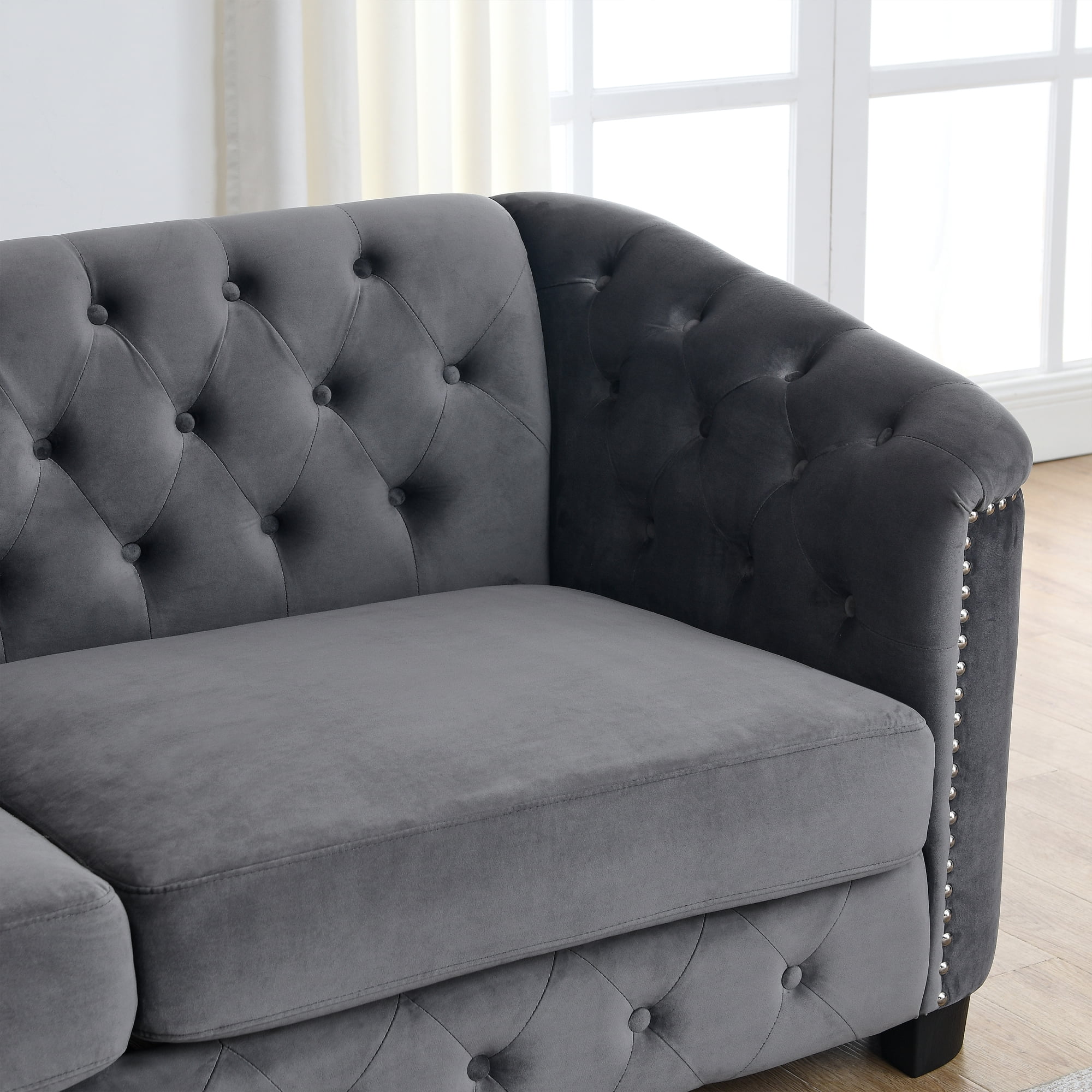 77-Inch Modern Chesterfield Velvet Sofa, 3-Seater Sofa, Upholstered Tufted Backrests with Nailhead Arms and 2 Cushions for Living Room, Bedroom, Apartment, Office (Grey) - Image 9