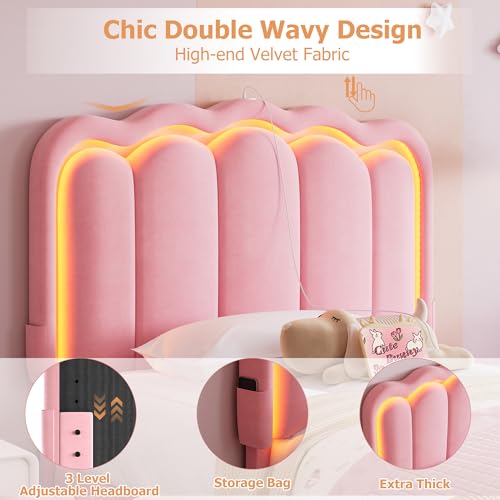 Twin Upholstered LED Bed Frame with Storage Drawer and Adjustable Chic Double Wavy Headboard, Velvet Princess Platform Bed for Kids/Girls, Solid Wood Slats Support, No Box Spring Needed, Beige - Image 90