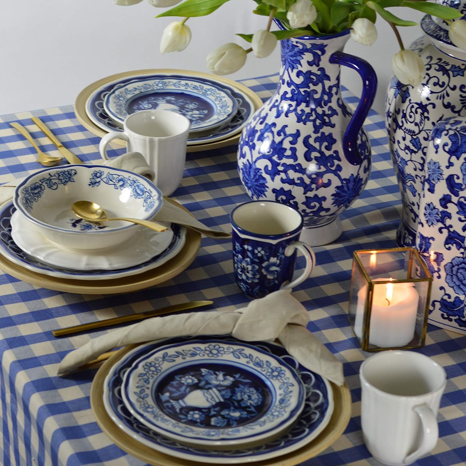 Euro Ceramica Blue Garden 16 Piece Oven Safe Hand Painted Stoneware Dinnerware Set, Service for 4, Bold Vase Design/Floral Pattern, White and blue - Image 5