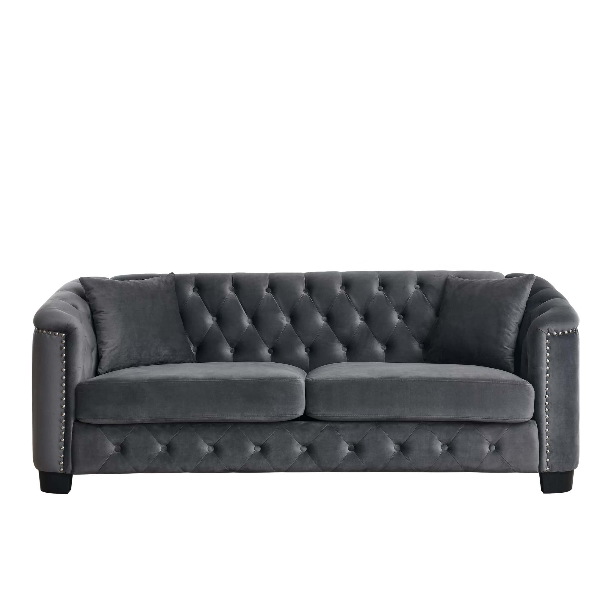 77-Inch Modern Chesterfield Velvet Sofa, 3-Seater Sofa, Upholstered Tufted Backrests with Nailhead Arms and 2 Cushions for Living Room, Bedroom, Apartment, Office (Grey) - Image 5