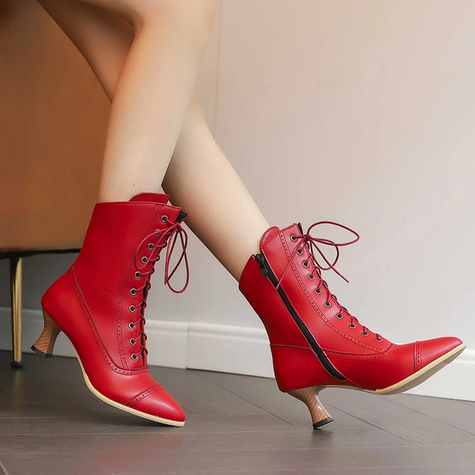 PMUYBHF Female Women Sandals and Slides Lace up British Boots Wine Glasses and Round Headed Solid Color Large Women’s Short Boots Red 38 - Image 5