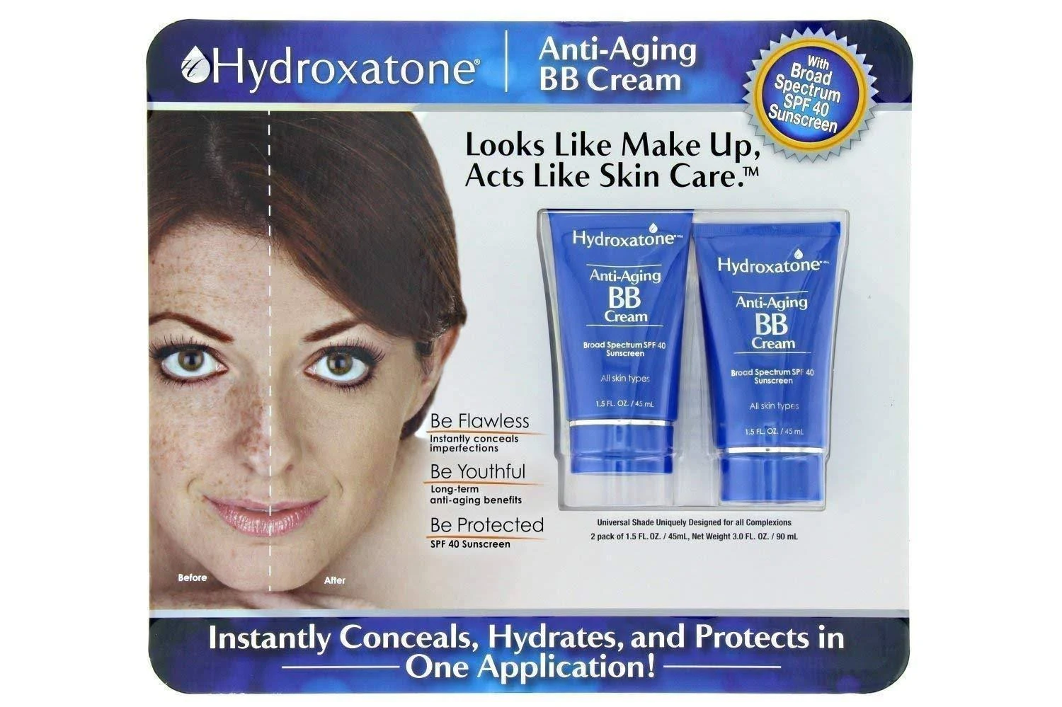 Hydroxatone Anti-Aging BB Cream, SPF 40 – 2 pack, 1.5 oz tubes