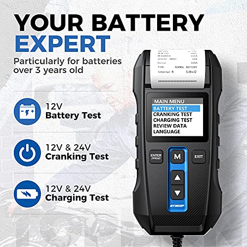 Car Battery Tester 12V 24V 100-2000CCA Lead-Acid Battery, TOPDON BT300P Alternator Tester, Load Tester, with Built-in Printer, Spark Free Metal Clamps, Automatic Reverse Polarity Protection - Image 2