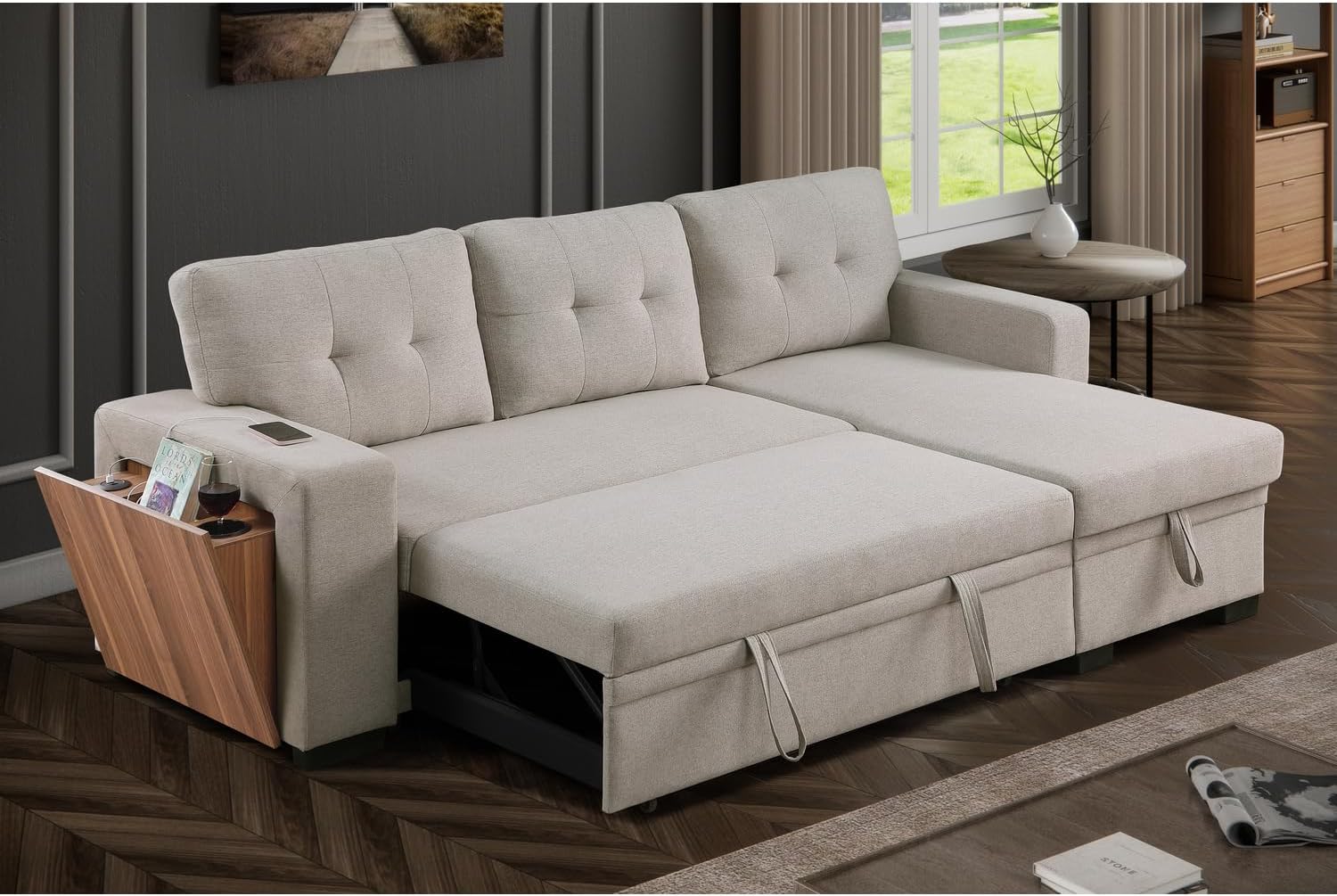 Devion Furniture 92 W Modern L-Shaped Polyester Fabric Upholstered Reversible Side Compartment Sleeper Sectional Sofa Bed with Chaise in Light Gray Finish - Image 5