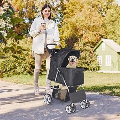 Alternative view of BBBuy 4 Wheels Foldable Pet Dog Cat Jogger Stroller Travel Carrier Strolling Cart w/Waterproof Cover Storage Basket Cup Holder & Removable Liner for Medium Small Cat Dog, Black
